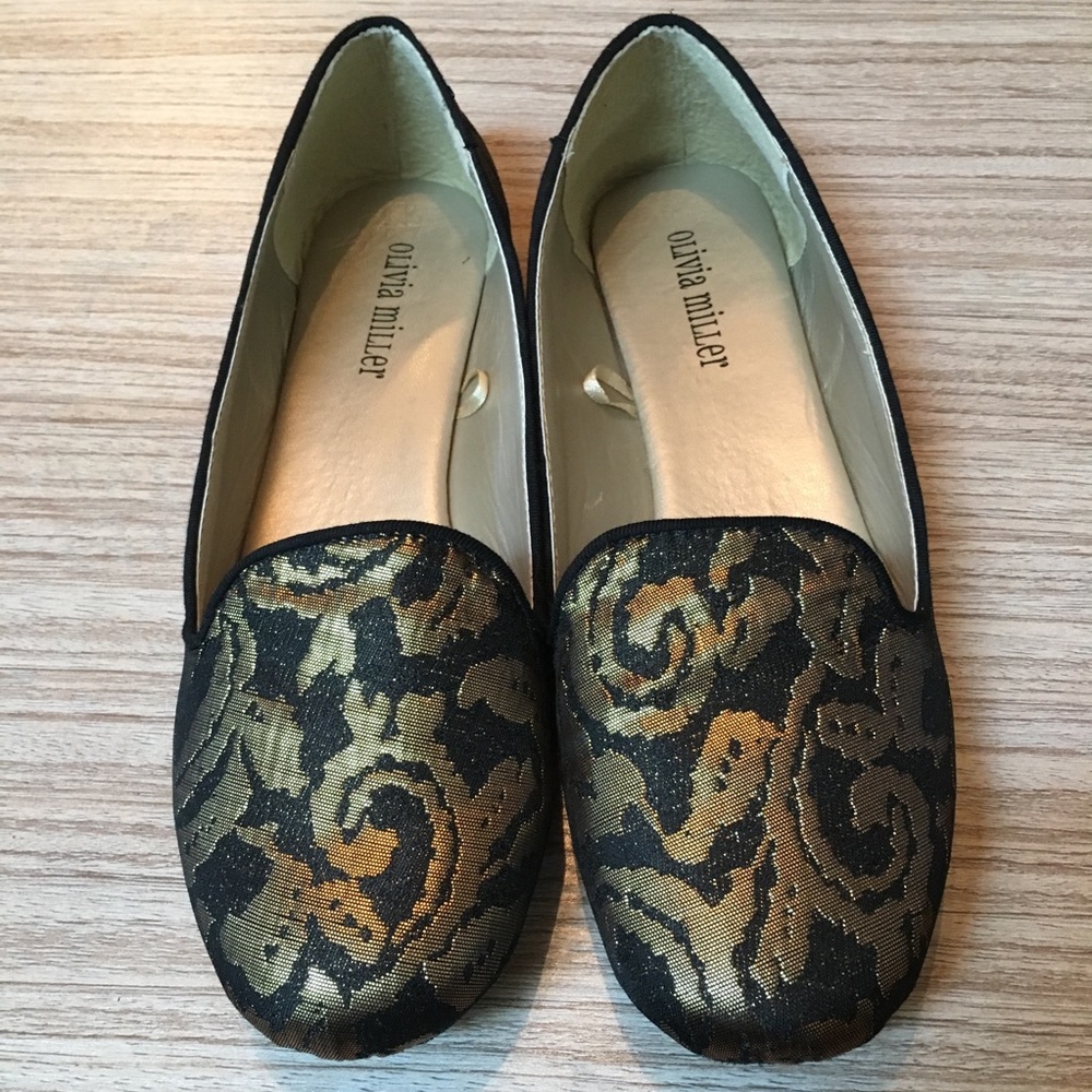 Olivia Miller Black and Gold Flat Loafers Size 8.5